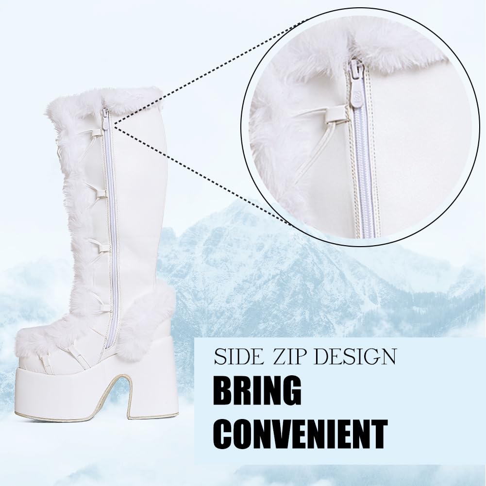 CELNEPHO Knee High Boots For Womens Side Zipper Warm Faux Fur Platform Chunky Heel Punk Goth Walking Winter Snow Boots: 7 A-white
