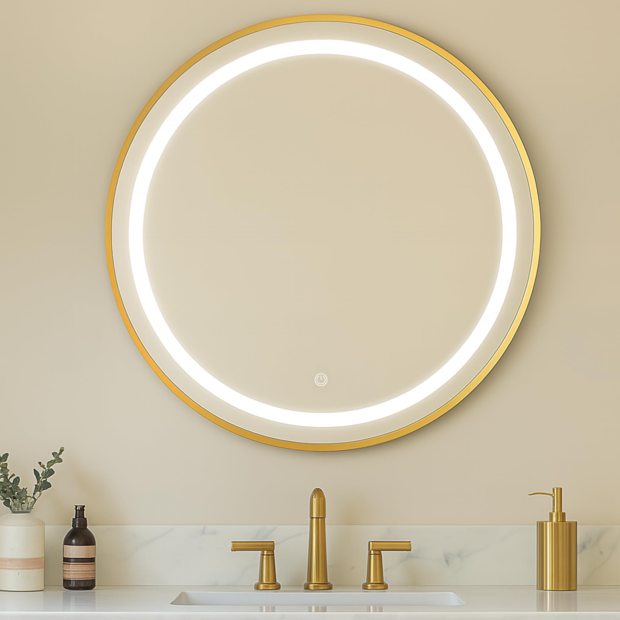SensaHome Miroir de Salle de Bain Rond à LED – Miroir Mural avec Éclairage Réglable – Cadre en Métal – 2700K/4500K/6400K – 70 cm – Doré