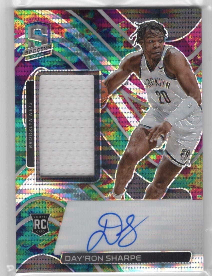 Day'Ron Sharpe Autographed & Serial Numbered #57/99 Prizm Green Parallel Jumbo Relic Game Used Jersey Memorabilia Relic Rookie Card Collectible Basketball Card - 202 Panini Spectra Basketball Card #214 (Nets)