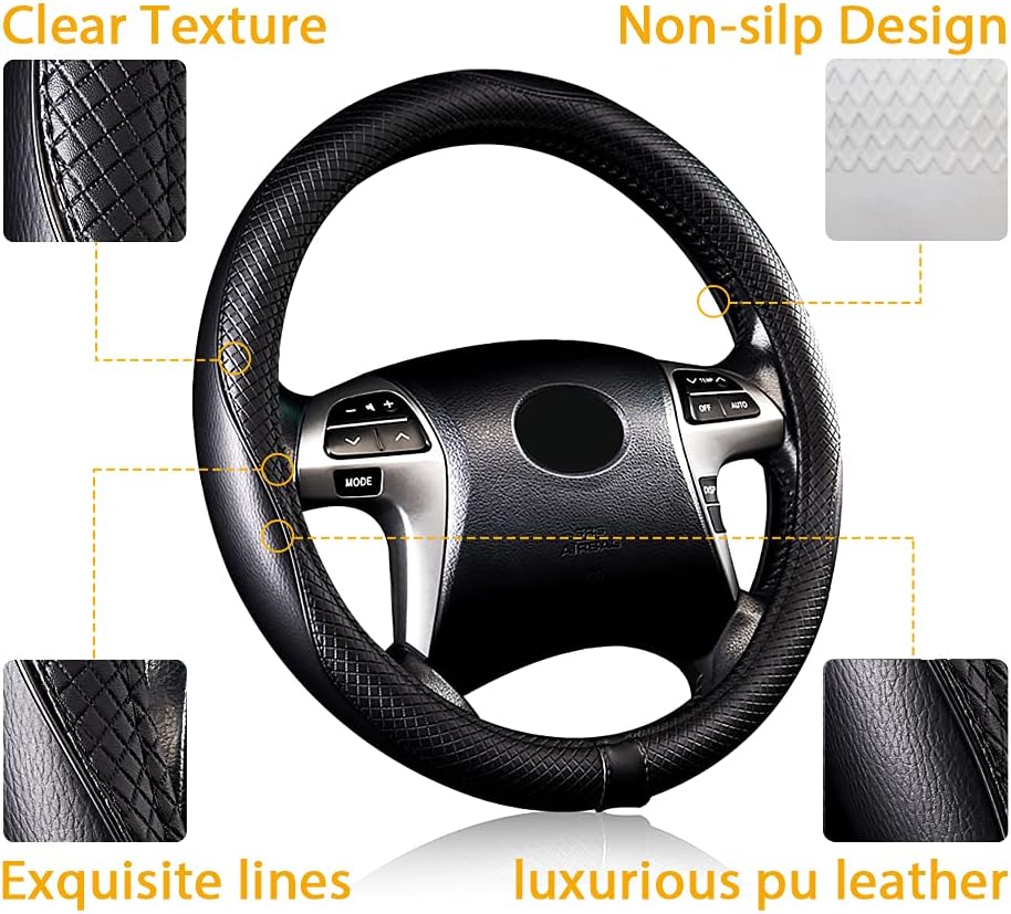 Flying Banner car Steering Wheel Covers Faux Leather Massage Piping Heavy Duty Ring Anti-Slip Sporty 15 Inches (Black Black)