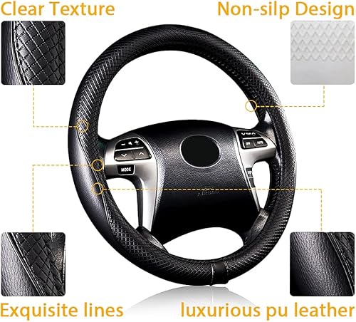 Miniatura 2 de Flying Banner Fundas para volante de automóvil, de piel sintética, anillo de masaje resistente, antideslizante, deportivo, 15 pulgadas (negro negro)