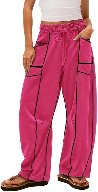 Barrel Sweatpants Women, Baggy Barrel Pants Women Wide Leg Lounge Pants Drawstring Waist Contrast Patchwork w/Pockets