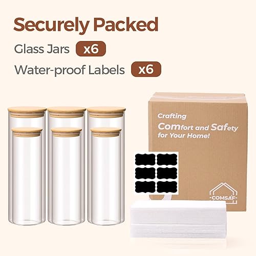 Miniatura 8 de ComSaf Juego de 6 tarros de vidrio para almacenamiento de alimentos, recipientes altos de almacenamiento de vidrio con tapas, tarro de espagueti,