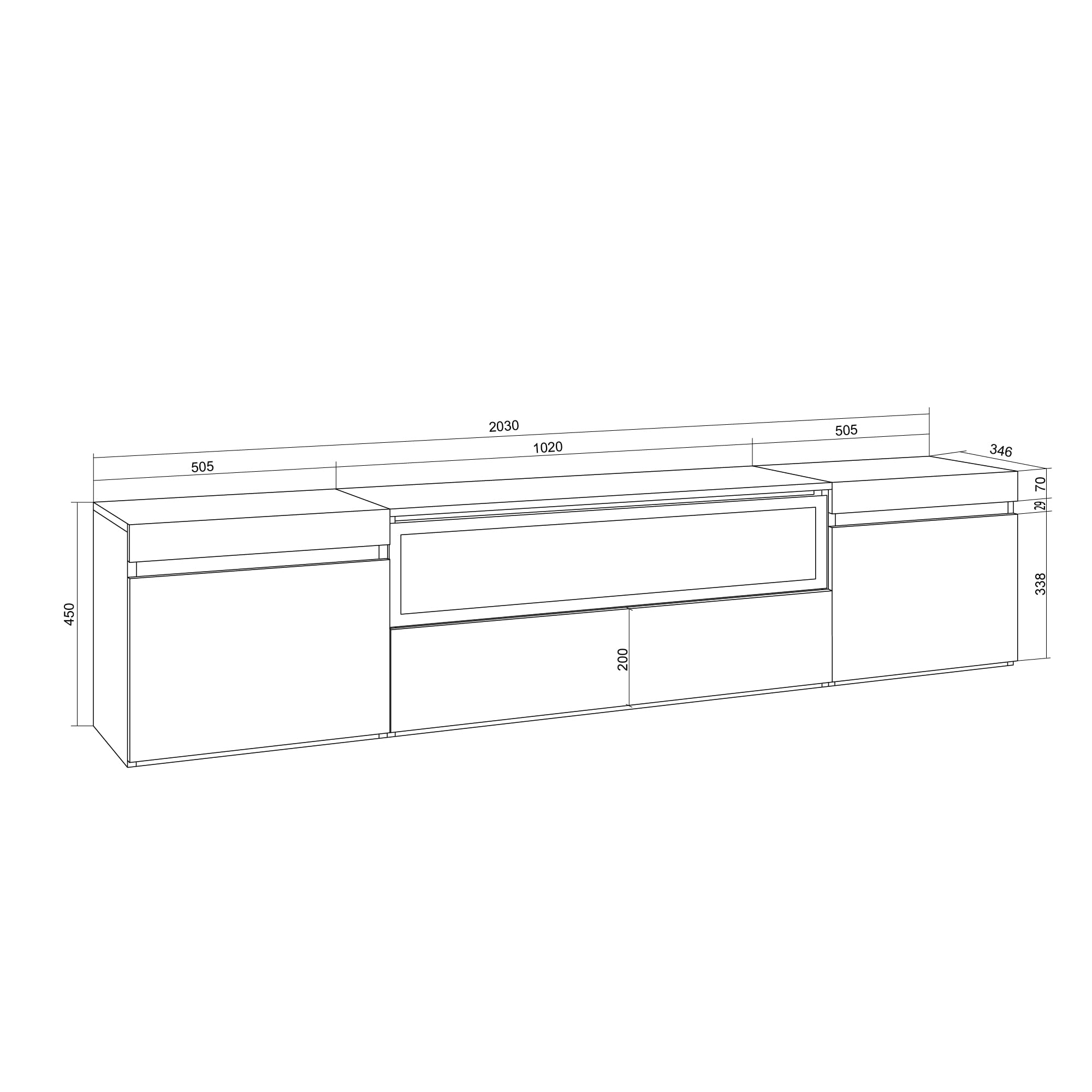Skraut Home | Mobile TV Soggiorno | Ampio spazio a disposizione | 200x45x35cm | Per TV fino a 80" | Camino elettrico | Sospeso, da appendere | Stile moderno | Bianco e Rovere soft