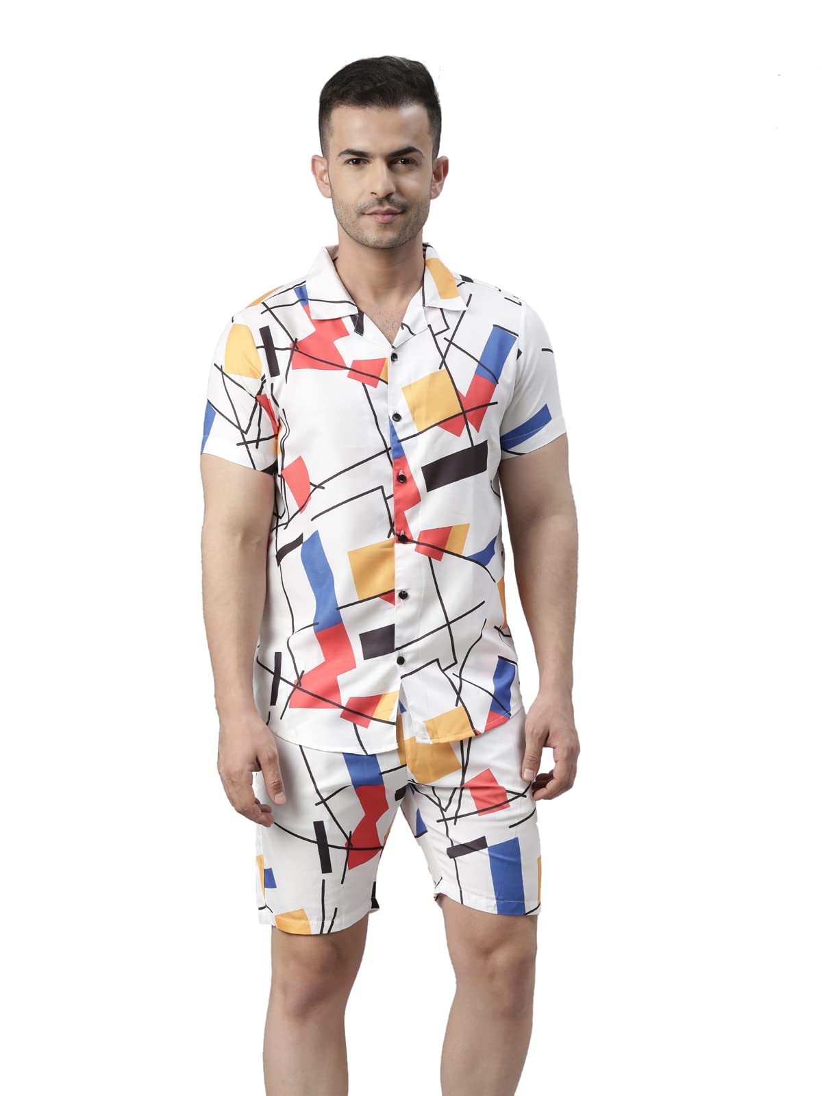 bushirt Men's Regular White Printed Pajama Set, Short Sleeves Button Front Night Suit, Relaxed Fit Co-Ords with Chinese Collar & Elastic Waist Pajamas, Stylish & Comfortable Sleepwear - XL-picture-42