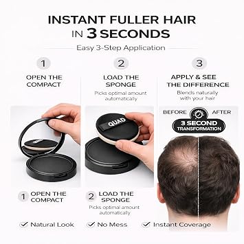 QUAD Unisex Saç ve Sakal Kapatıcı Dolgunlaştırıcı Pudra, Siyah, 10gr, Doğal Görünüm, Anında Hacim