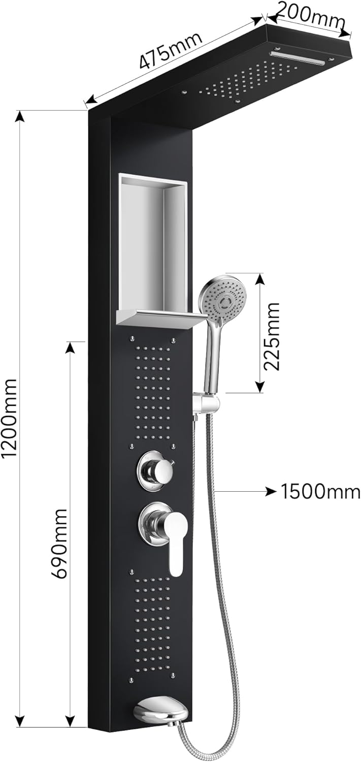 Shower Panel Tower System, Multi-Function Shower Tower System With 4 Body Spray, 5 Handheld Settings, Shelf & Tub Spout, Rainfall + Waterfall Shower Head, Rain Massage Spa System