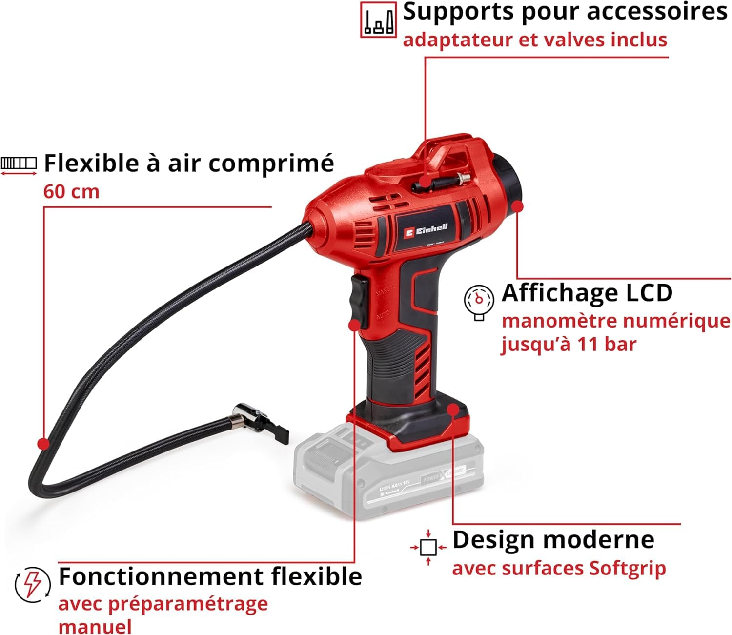 Einhell Compresseur pour voiture sans fil CE-CC 18 Li-Solo Power X-Change (18 V, 11 bar max., flexible à air comprimé 60 cm, fonction d’arrêt automatique) Livré sans batterie ni chargeur