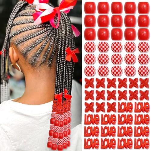 NAISKA 60Pcs Red Christmas Hair Beads for Braid Loc Hair Jewelry Dreadlock Bead Accessories Decoration with Hair Ring Cuffs Charms for Hair Braids Accessories Braid Clips for Women and Girls