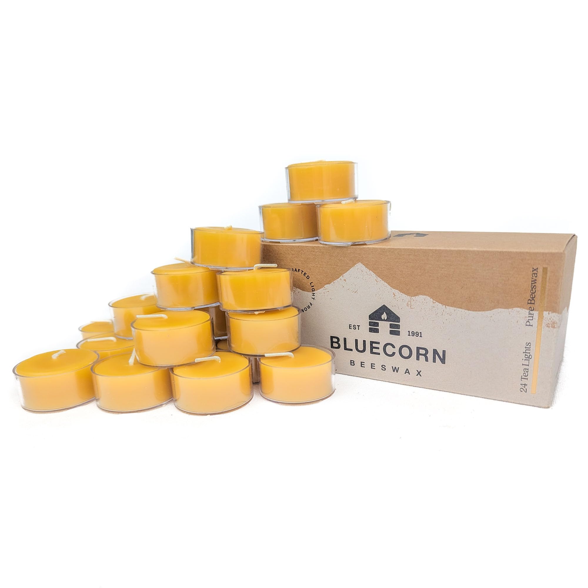 Bluecorn Beeswax Velas de té, cera de abejas 100 % pura y natural, velas de té amarillas, sin fragancia, sin parafina ni soja, combustión limpia, larga duración (4-5 horas), hechas en Estados Unidos