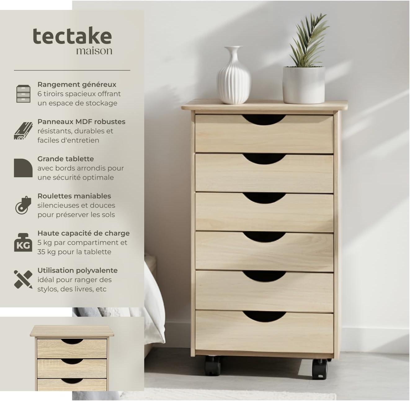 TecTake Mobile Pedestal with six drawers in oak finish