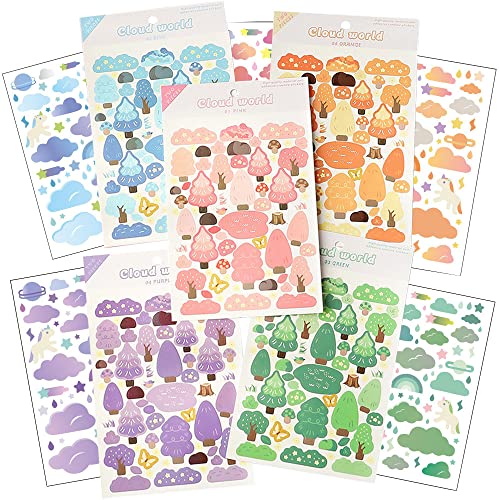 moin moin シール 12種12枚 セット 森 木 ツリー 雲 クラウド 大量 デコレーション キラキラ 透明 カラフル 小さめ ユニコーン 蝶 ちょうちょ 推し色/レッド パープル グリーン アクア ブルー グレー オレンジ ブラック ホワイト/スケジュール 手帳 アルバム デコ 手紙 カレンダー 2209sl208