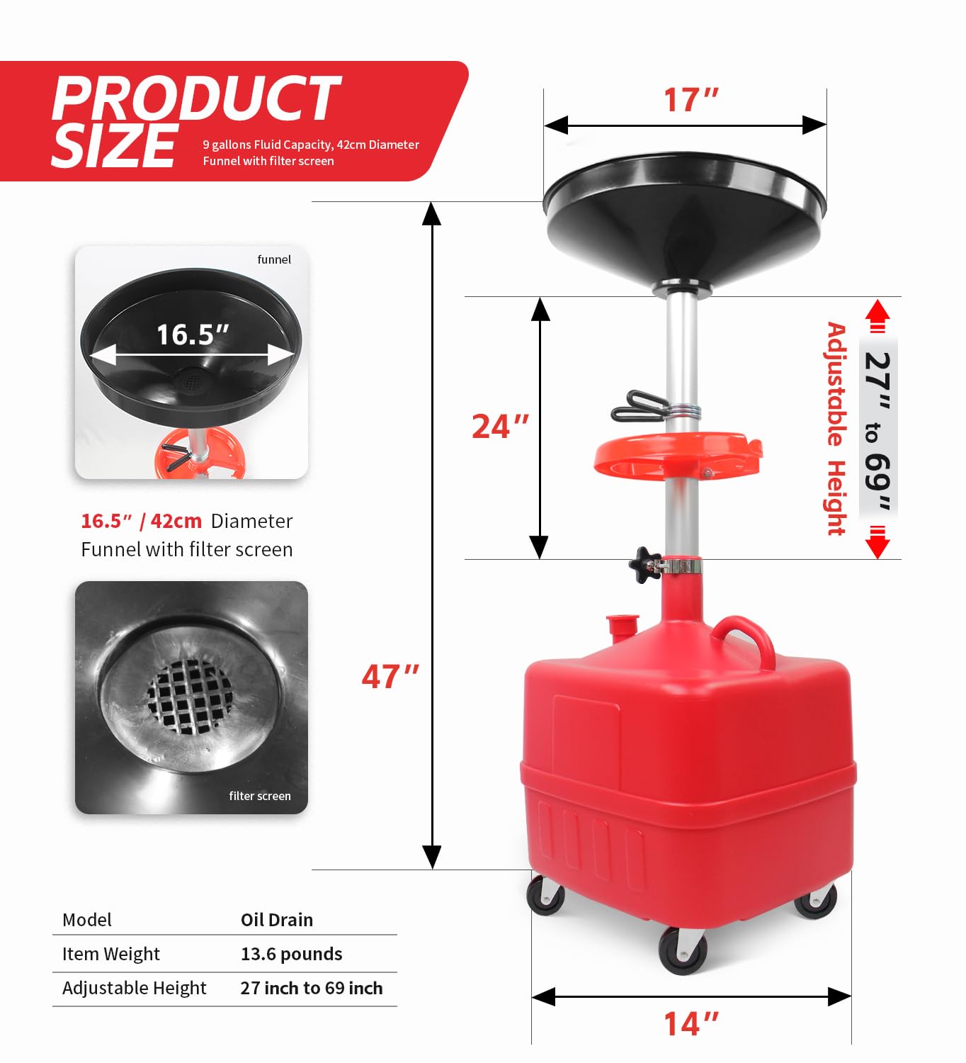 MaxWorks 50964 - Drenaje de Aceite Residual portátil de 9 galones, Tanque Cuadrado de Drenaje de fluidos Industrial con Ruedas y Altura de Embudo Ajustable. Rojo.