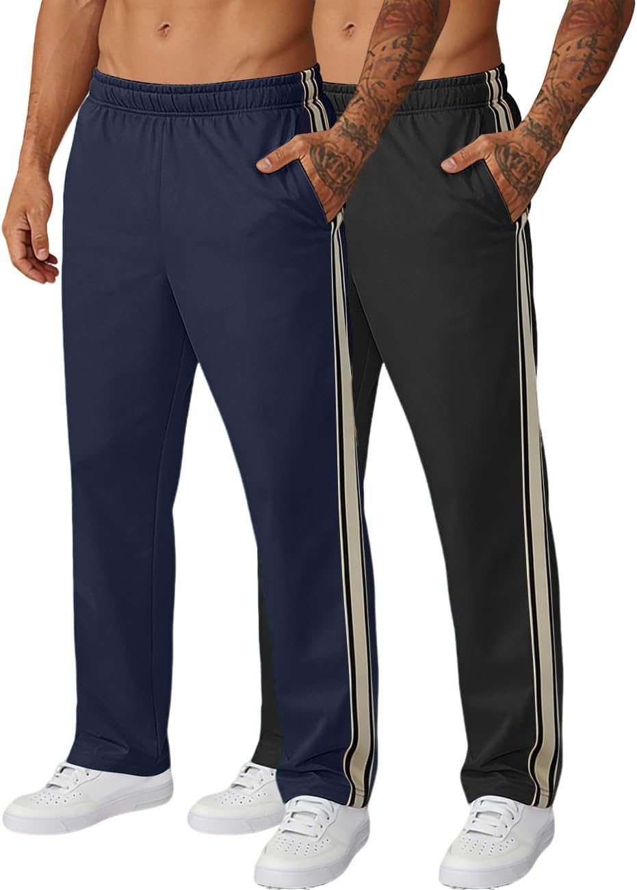 Men's Sweatpants Baggy Open Bottom Casual Lightweight Pants Workout Side Stripes Gym Joggers with Drawstring