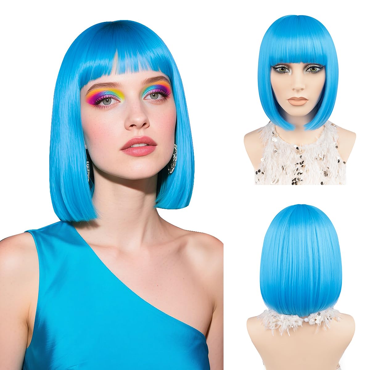 JIAMEISI Blue Bob Wig with Bangs 12Inch Straight Short Bob Hair Synthetic Fiber Cosplay Party Colourful Wig for Women Girls Christmas Halloween Fashion Looking (Light Blue)