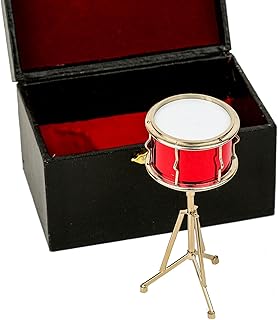 Miniature Snare Drum with Case Brass Mini Musical Instrument Snare Drum Replica Collectible Figurines Music Birthday Gifts Christmas Home Decoration Display Ornament Model (Red, 3.74"x1.57")