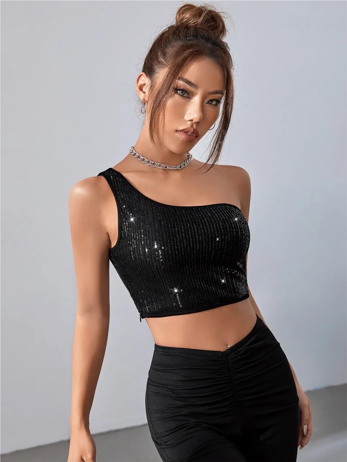 Haut Epaules Dénudées Haut Court à Paillettes Noires asymétriques for Femme, Tenue Scintillante for Les fêtes, la Danse, Les Rave(S)