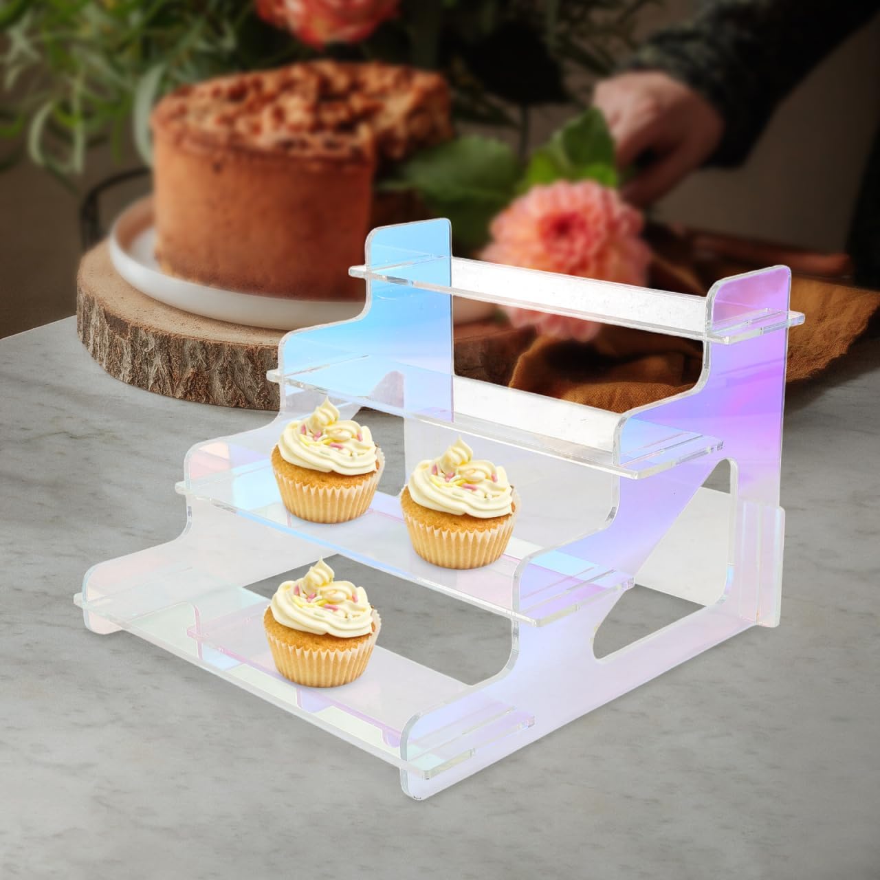 FAVOMOTO Iridescent Acrylic Display Risers Stand for Perfume Organizer Figure Display Cupcake Dessert Shelf Space-saving Desktop Ladder Shelf for Home Store and Exhibition Use