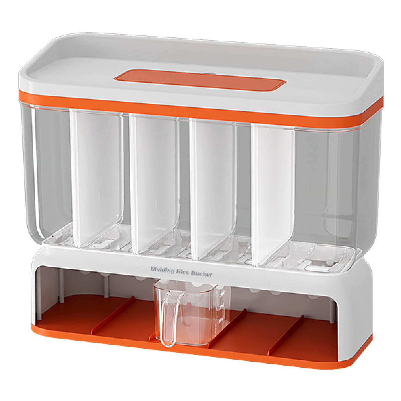 NIBHZ Dispenser per Riso con Tazza, Dispenser per Alimenti secchi a Parete con 5 Griglie Contenitore per Cereali Contenitore per Cereali, Contenitore per Riso, Dispenser,Orange