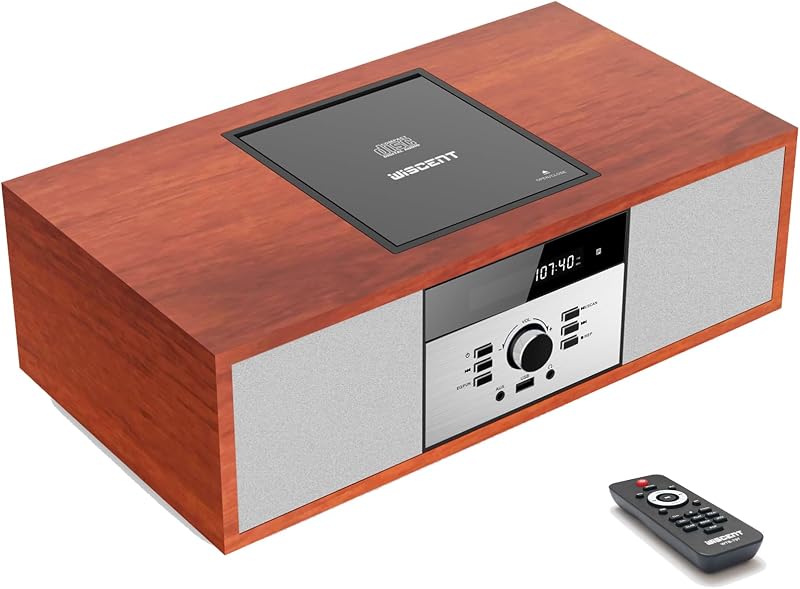 WISCENT Nosztalgikus Bluetooth HiFi Rendszer CD Lejátszóval, 30W Fa Hangszórókkal, FM Rádióval, USB Porttal és AUX Bemenettel, Barna