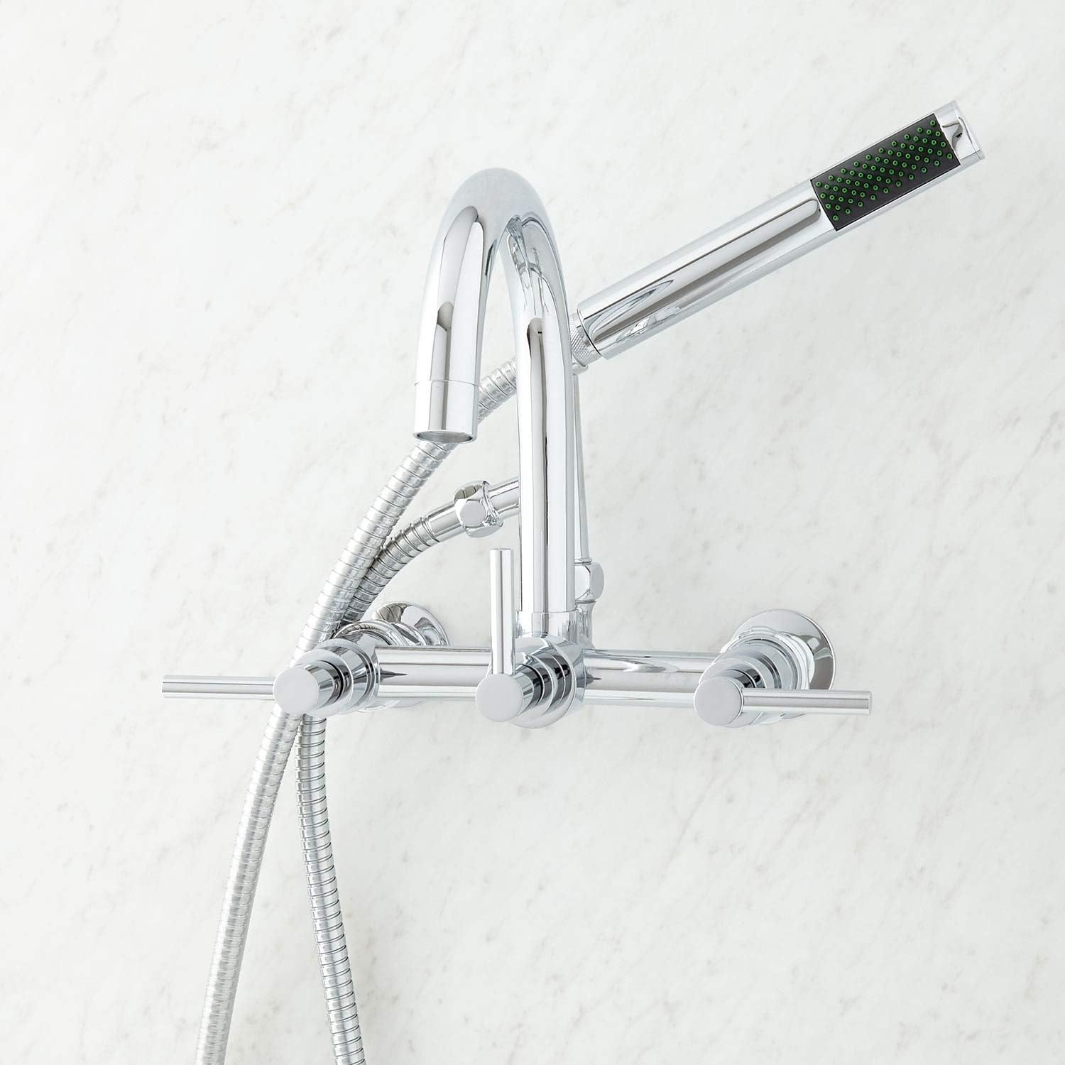 Signature Hardware 379106 Sebastian Wall Mounted Tub Filler Faucet with 2" Wall Couplers and Lever Handles - Includes 1.8 GPM Hand Shower, Valve Included - Chrome