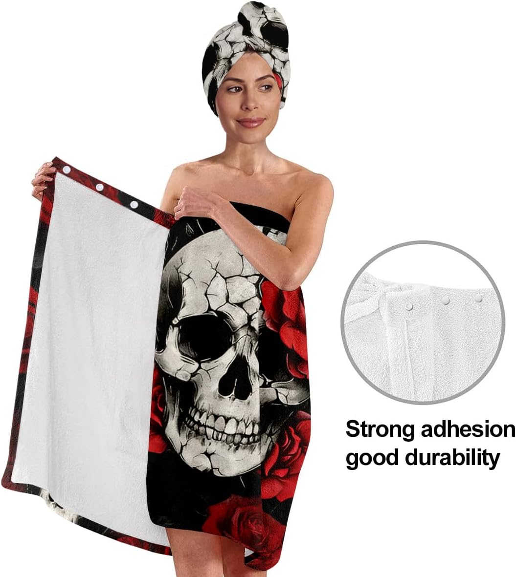 YWMAN Skull and Roses Bath Wrap Set, Microfiber Shower Towel with Hair Turban, Gothic Bathroom Spa Set, Black and Red, 31.5" x59
