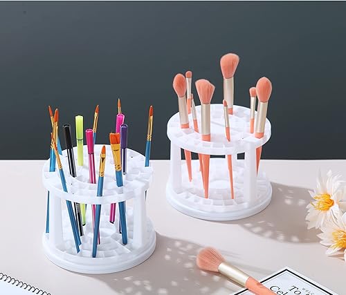 Miniatura 6 de Feadily Paquete de 2 organizadores de escritorio giratorios para pinceles de pintura, 49 agujeros para lápices, brochas de maquillaje, lápices de