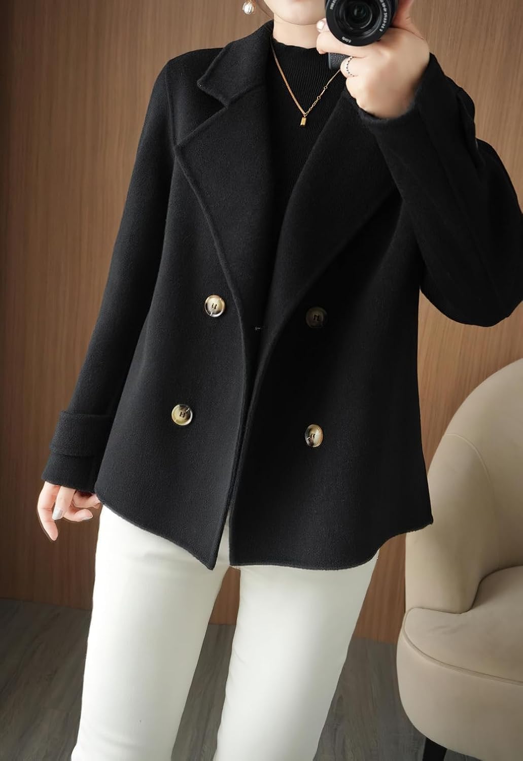 Cappotto Corto Da Donna in Misto Lana Casual Elegante Da Lavoro Con Risvolto Autunno E Inverno Giacca Spessa Doppiopetto Alla Moda
