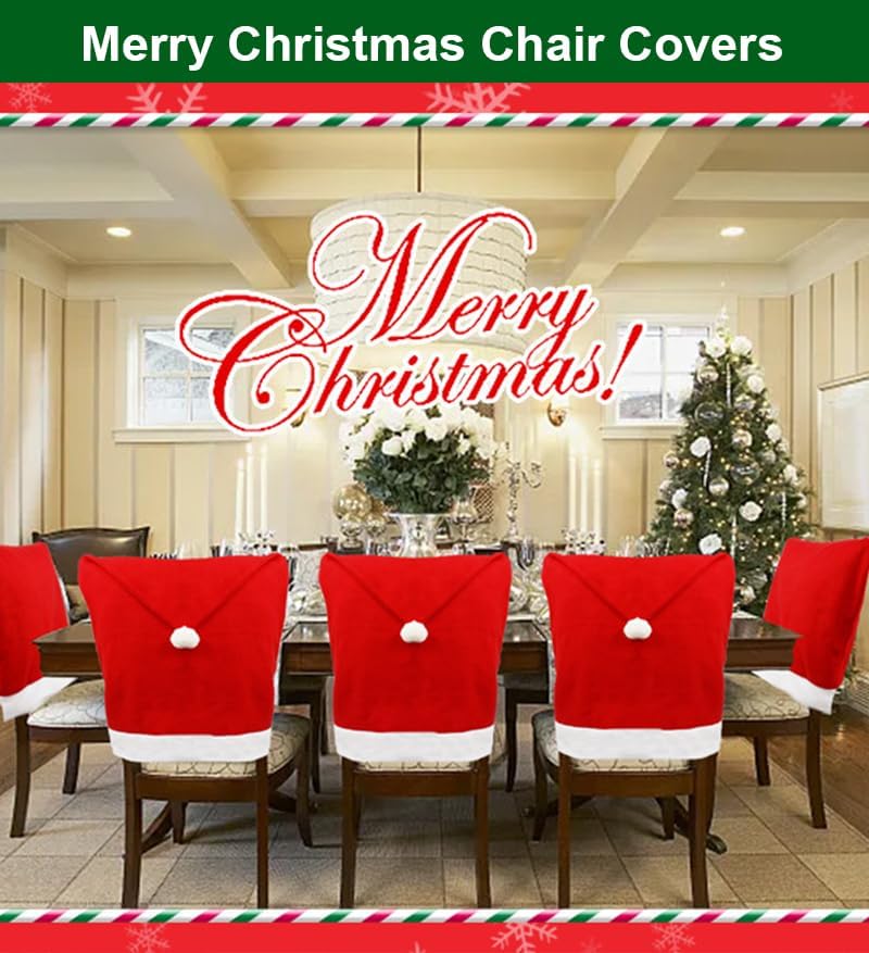 Christmas Chair Covers Set of 6, Red Hat Dining Chair Slipcovers, Non-woven Santa Chair Covers for Dining Chairs, Santa Claus Décor Christmas Decorations Clearance, Christmas Decorations Indoor