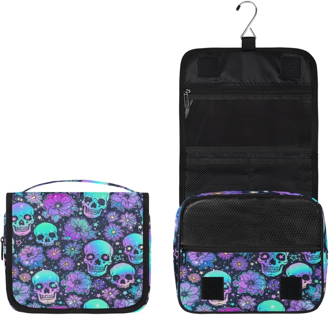 Travel Hanging Toiletry Bag for Women kids, Galaxy Skull Flower Cosmetic Bag Waterproof Makeup Organizer for weekend overnight Bathroom