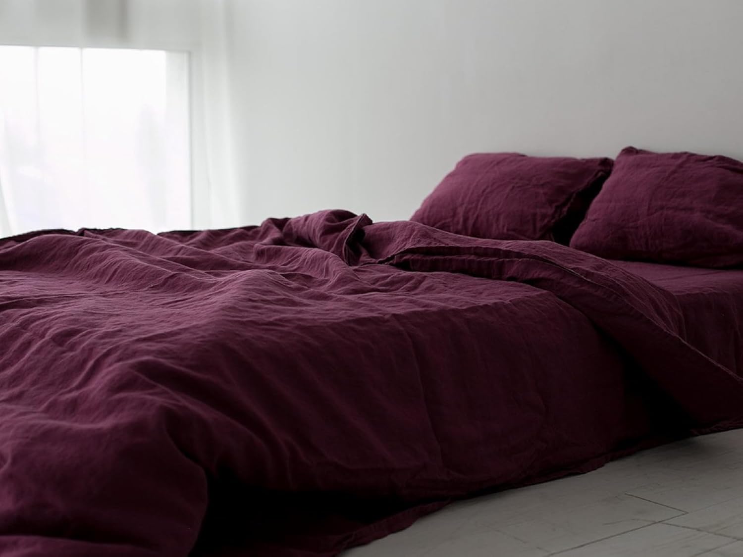 Generic Burgundy Color Linen Duvet Cover, Soft Breathable Duvet Cover Set, 3 Pieces, 1 Duvet Cover and 2 Pillowcase Linen Bedding Cover with Buttons Closure (Full 80X90)