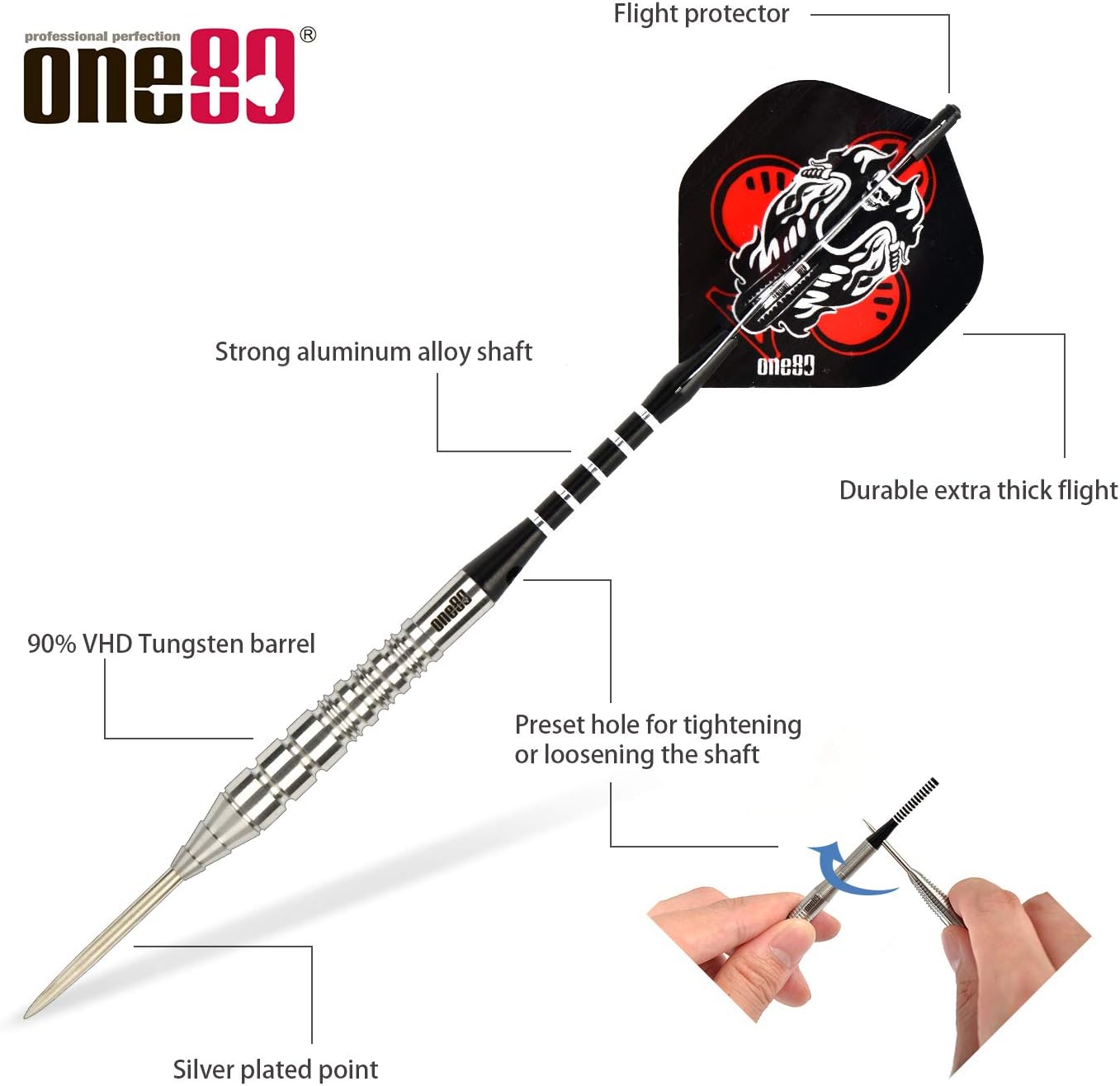 ONE80 90% VHD Steel Tip Tungsten Dart, Professional Barrel Style with Extra Flights, Shafts and Sharpener Gift Box Packaging