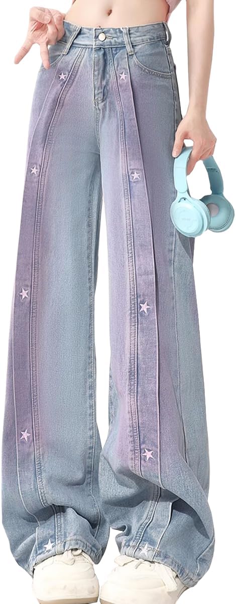 Harajuku Fashion High Waist Baggy Jeans Y2K Vintage Star Tie-Dye Casual Straight Leg Wide Leg Denim Pants