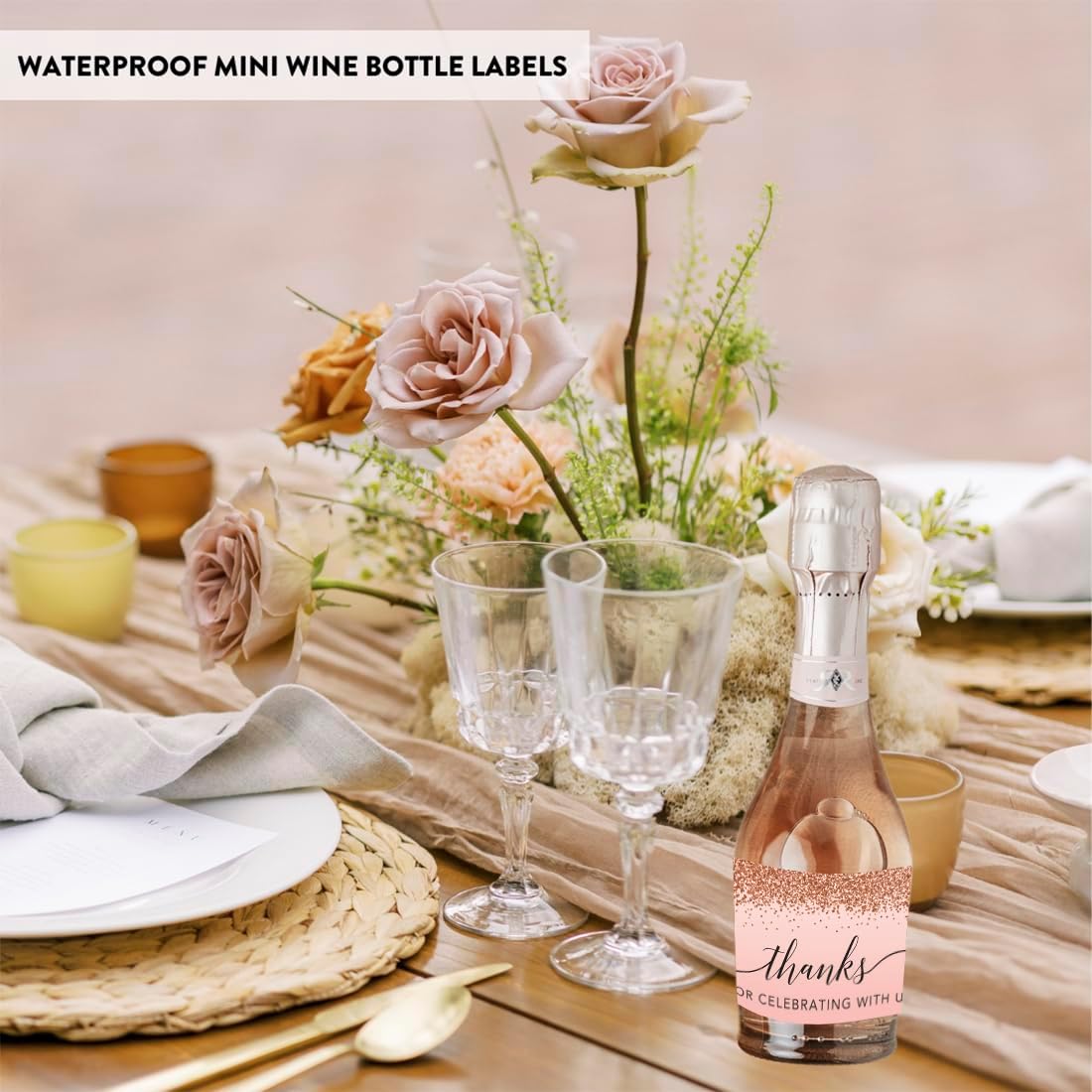Andaz Press 20-Pack Mini Wine Labels for Bottles, Blush Pink Faux Rose Gold Glitter, Thanks for Celebrating with Us, 3x2 Inch, Glossy, 20 Count