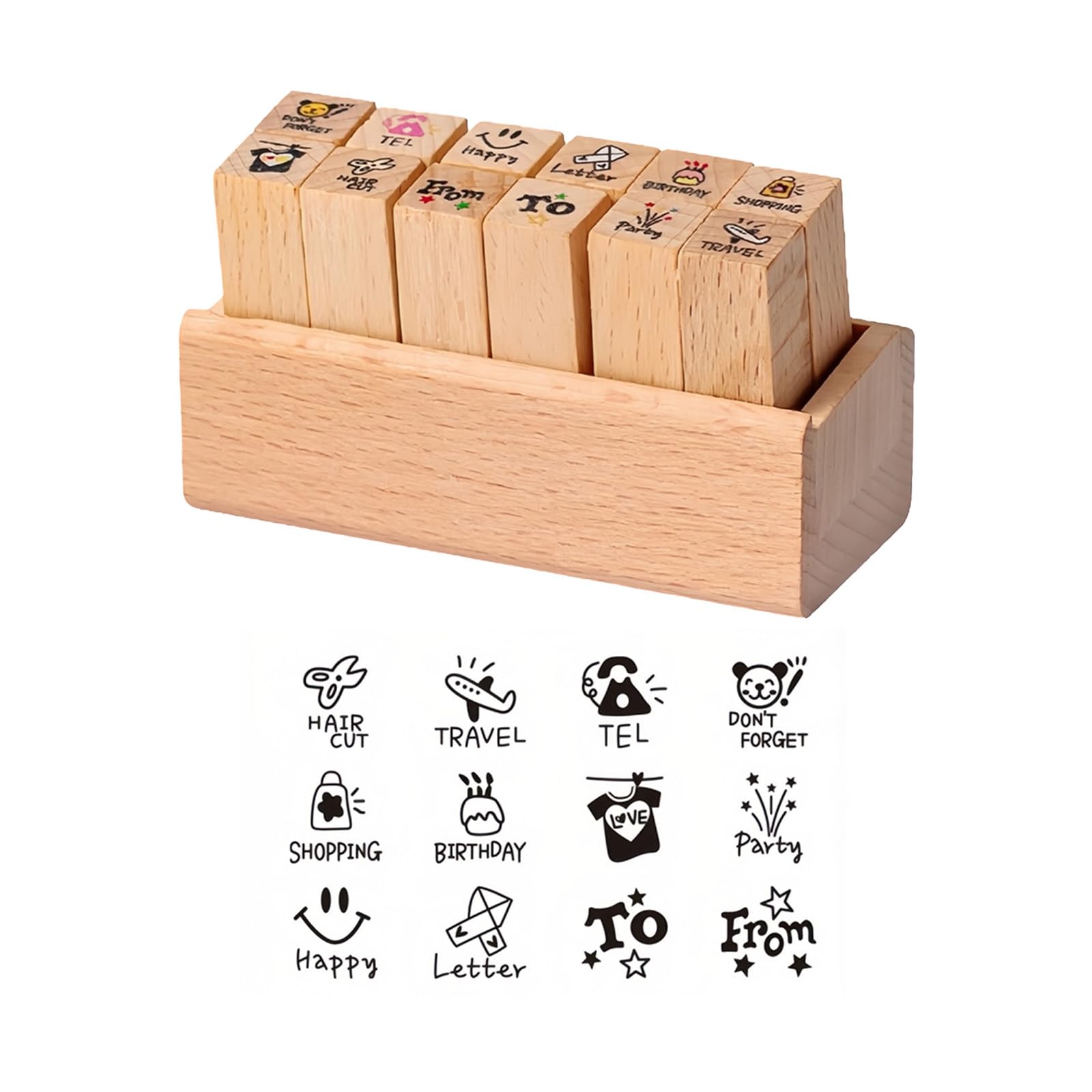 Wooden Stamps for Journaling with Holder, 8 Piece Beech Wood Planner and Scrapbook Set for Diary and Memo Pages Journal Stamp Set Planner Stamps Scrapbook Wooden Page Diary Page Memo Label Paper