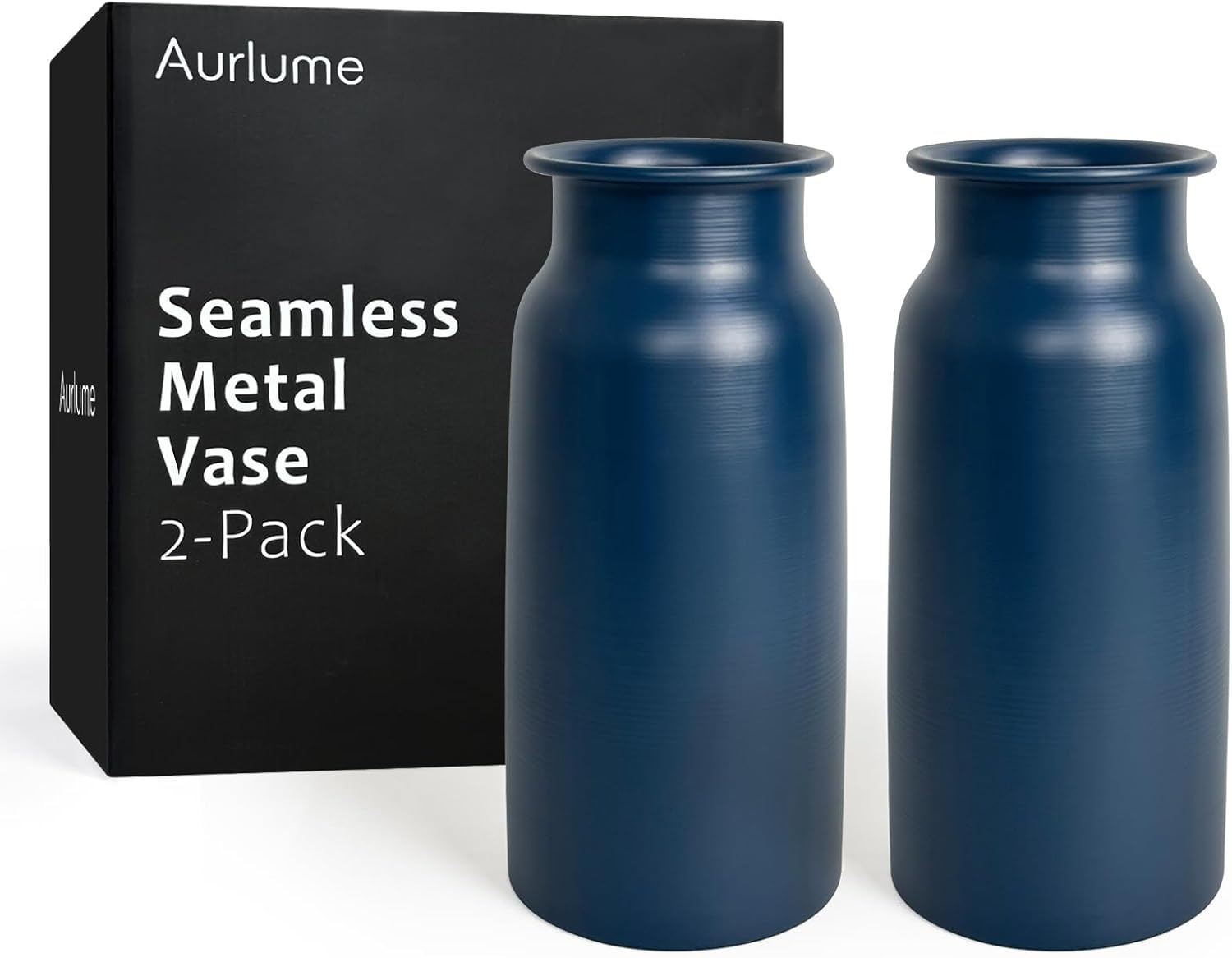 Set of 2 Navy Blue Seamless Metal Flower Vase, 10.8" Tall Modern Matte Blue Floral Vase Pair, Shatterproof Leakproof, Sophisticated Home Decor Centerpiece for Table, Mantle, Shelf