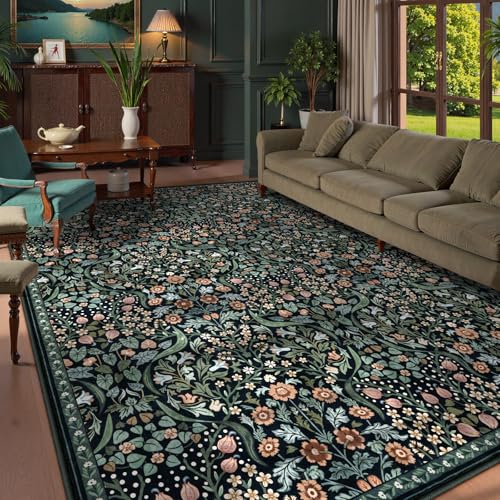 Lahome Dark Botanical 9x12 Rug, Large Floral Washable Area Rug