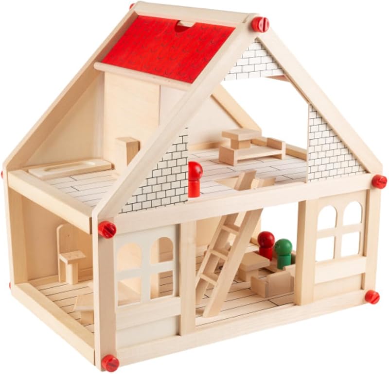 Hey Play Dollhouse for Kids, 15.75” x 11.5” x 15” | Classic Pretend Play 2 Story Wood Playset with Furniture Accessories and Dolls for Toddlers, Boys and Girls Ages 3 and Up