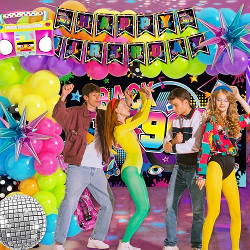 Image of Fayoo 90s Party Decorations 80s Disco Theme Birthday Party Supplies Kit | Includes Back to the 90's Backdrop, Tablecloth, Happy Birthday Banner, 90s Balloon Arch Kit, Cake Toppers