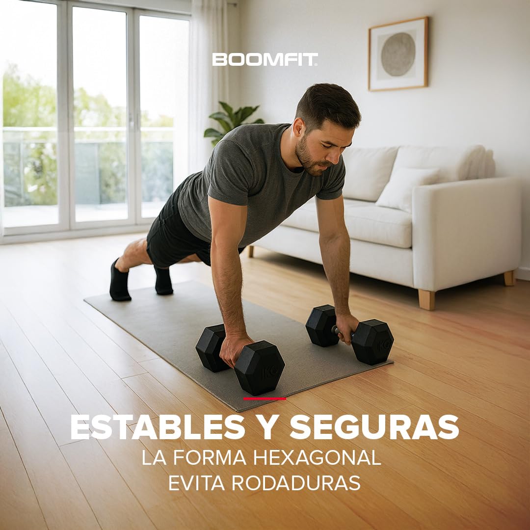BOOMFIT Mancuernas Hexagonales 1–50 kg (par) con recubrimiento de goma y agarre antideslizante | Pesas y mancuernas para home gym | Pesas para musculación y entrenamiento de fuerza