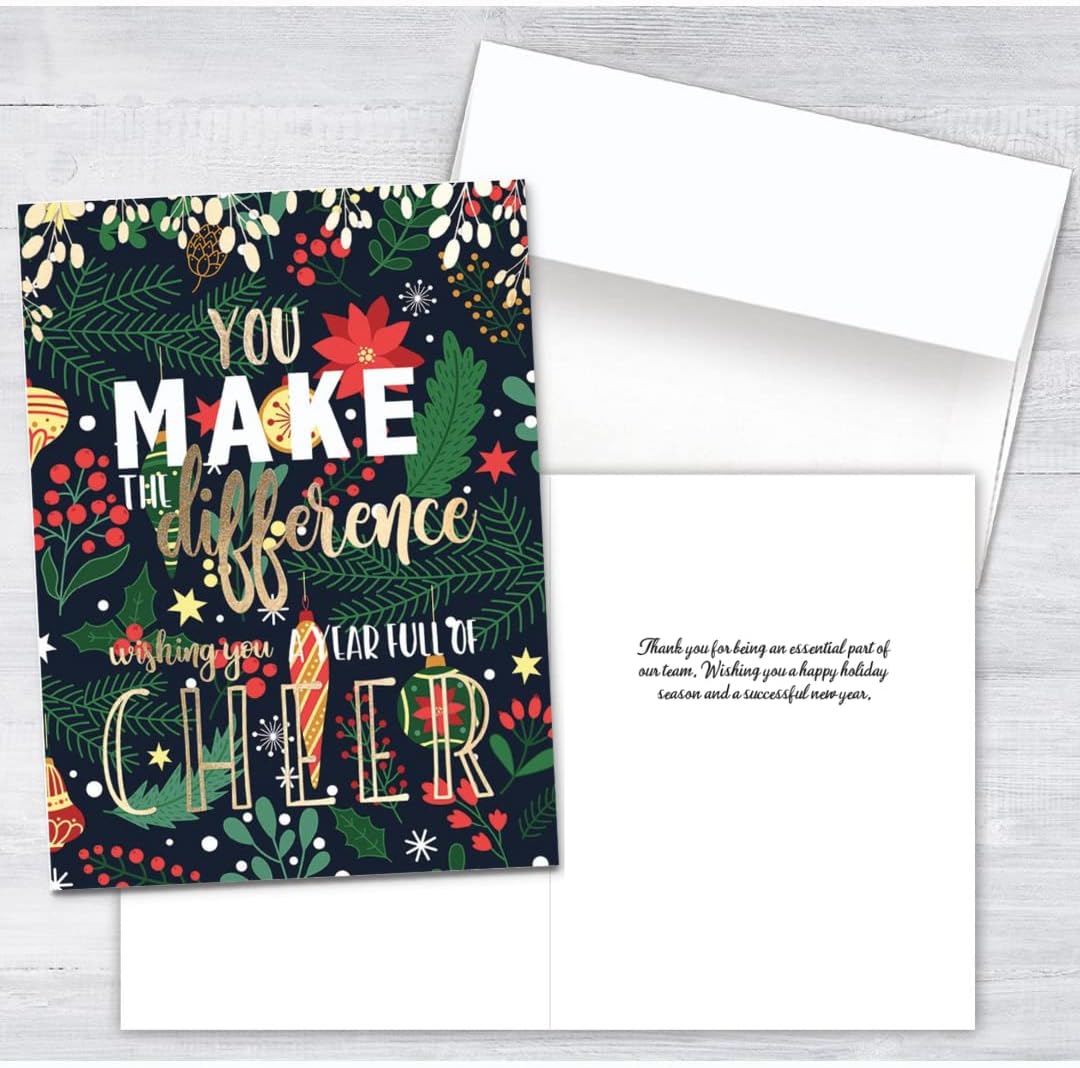 25 Employee Holiday Cards - Cheerful Holly Design with Gold Foil Stamping - 26 White Envelopes - FSC Mix