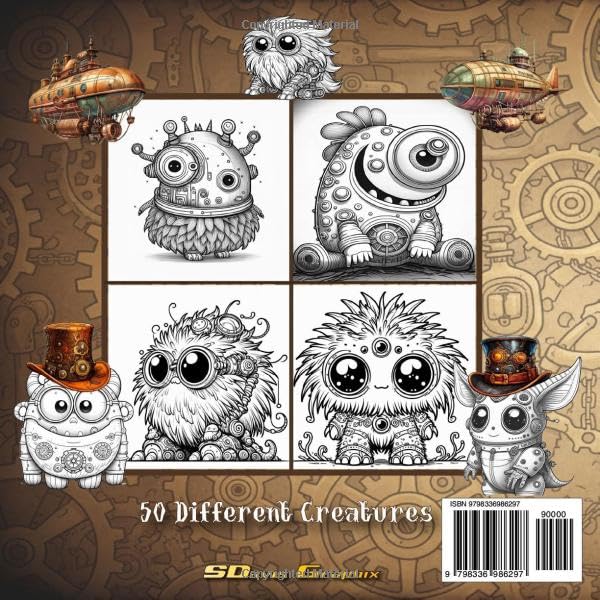 Steampunk Mini Monsters & Adorable Cute Creatures Coloring Book: 50 Coloring Pages Featuring Creepy but Cute and Adorable Creatures-Steampunk Style image 3