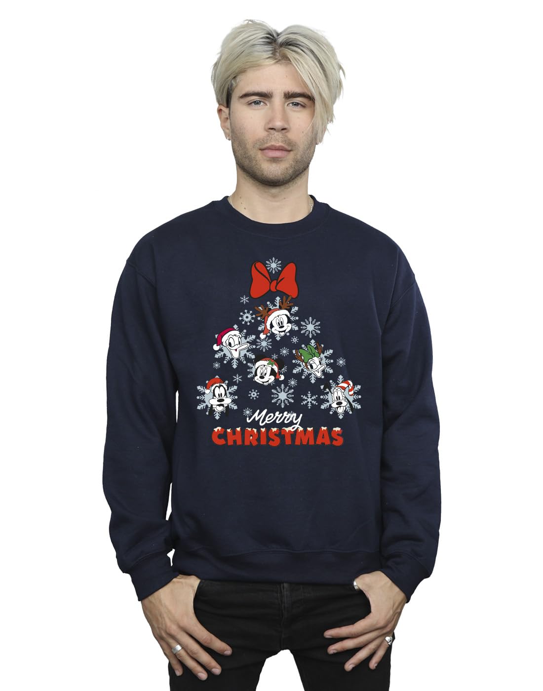 Disney Men's Mickey Mouse and Friends Christmas Tree Sweatshirt Navy Blue XXXX-Large