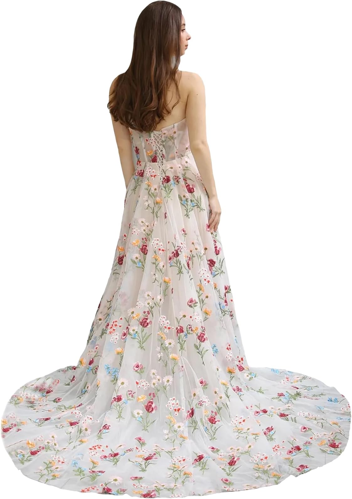 Women's Flower Embroidery Tulle Prom Dresses Corset Strapless Sweetheart A Line Fairy Formal Evening Party Gown