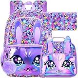 ZLYERT 16.5' Bunny Backpack, 3Pcs Girls Backpacks Set for Elementary Preschool Kindergarten, Kids School Bookbag with Lunch Box(Purple)