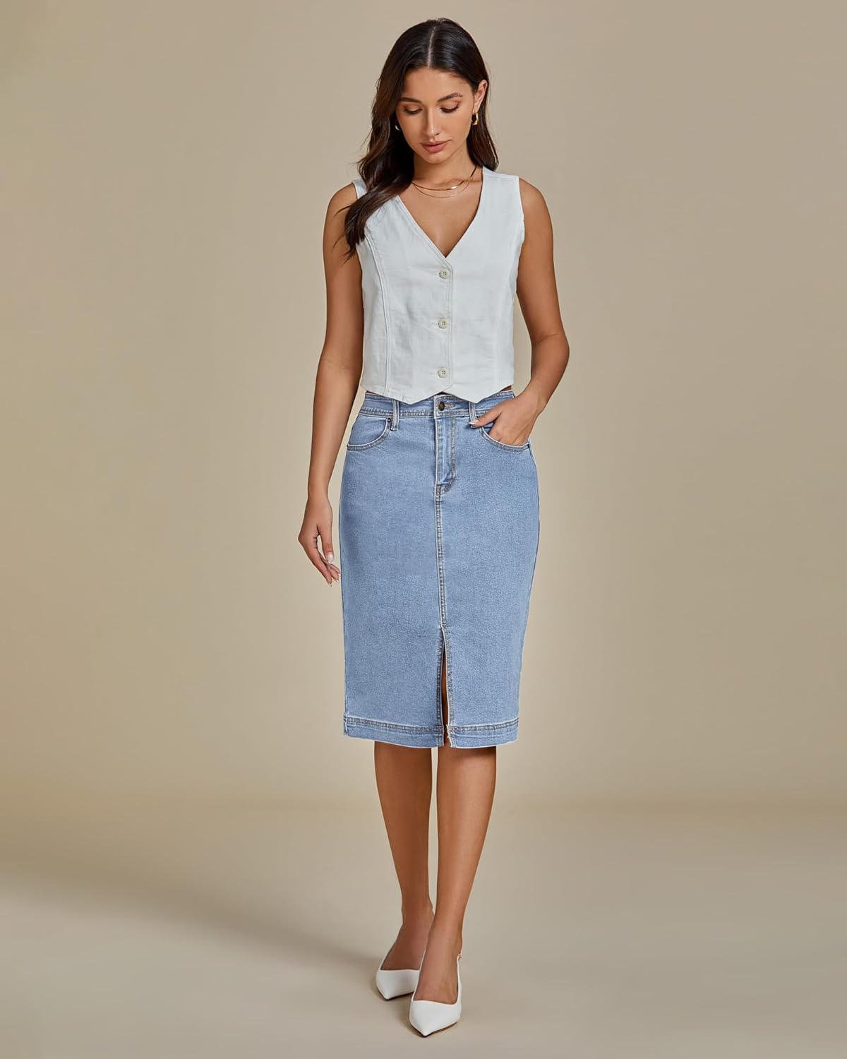 luvamia Jean Skirts for Women Denim Trendy Summer Casual Stretchy High Waisted Midi Below Knee Pencil Skirt with Slit - Image 7