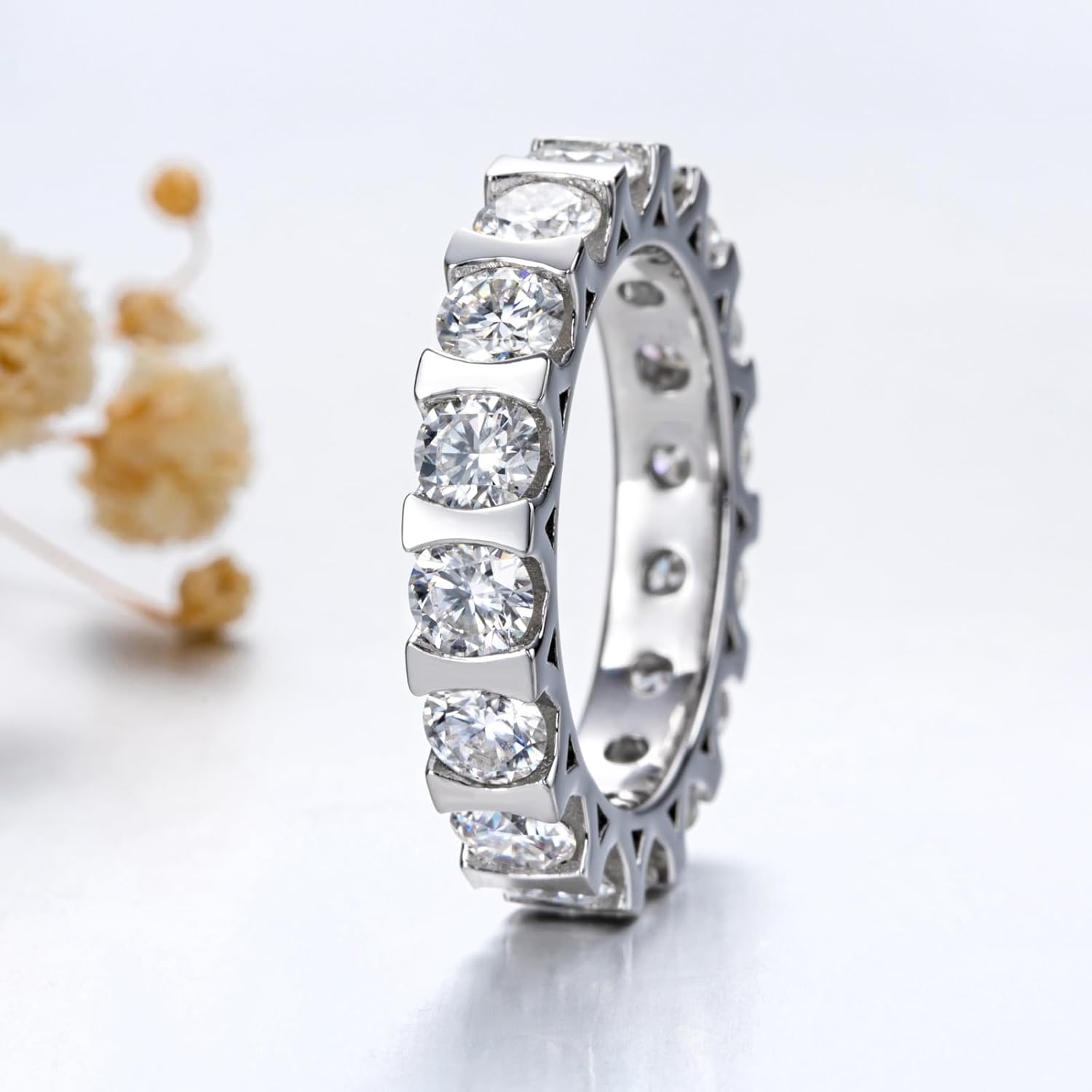 CannyCat Moissanite Eternity Ring 4.0 mm D color VVS 5 CTTW Moissanite Bezel set Eternity Wedding Band for Women Platinum-Plated Silver Anniversary Engagement Stacking Rings