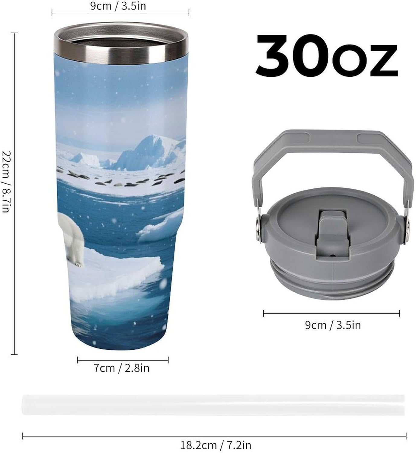 30 Oz Insulated Mug with Handle Lid And Straw Polar Bears And Ice Floes Pattern Large Metal Sports Bottle Great for Gifts Parties Office Coffee
