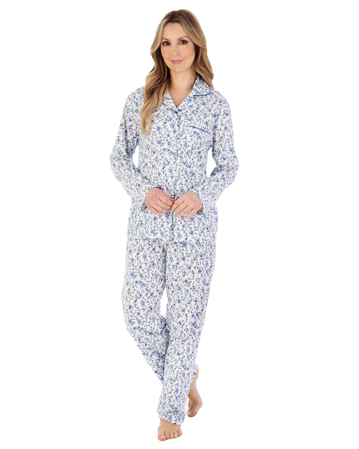 Slenderella Long Sleeve Jersey Pyjamas PJ04103 Blue 16-18