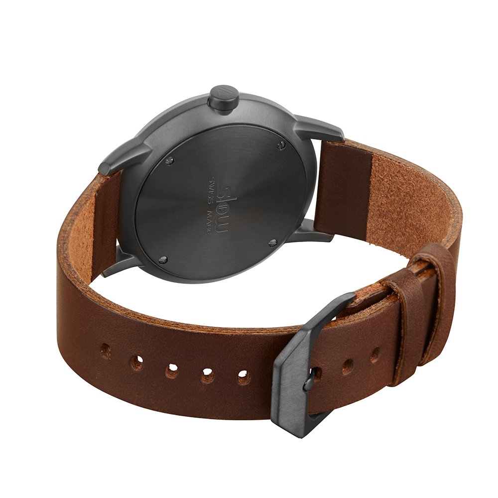 slow Round 03 Unisex Uhr, Analoges Quarzwerk, Dunkelbraunes Lederarmband, Anthrazit/Blau